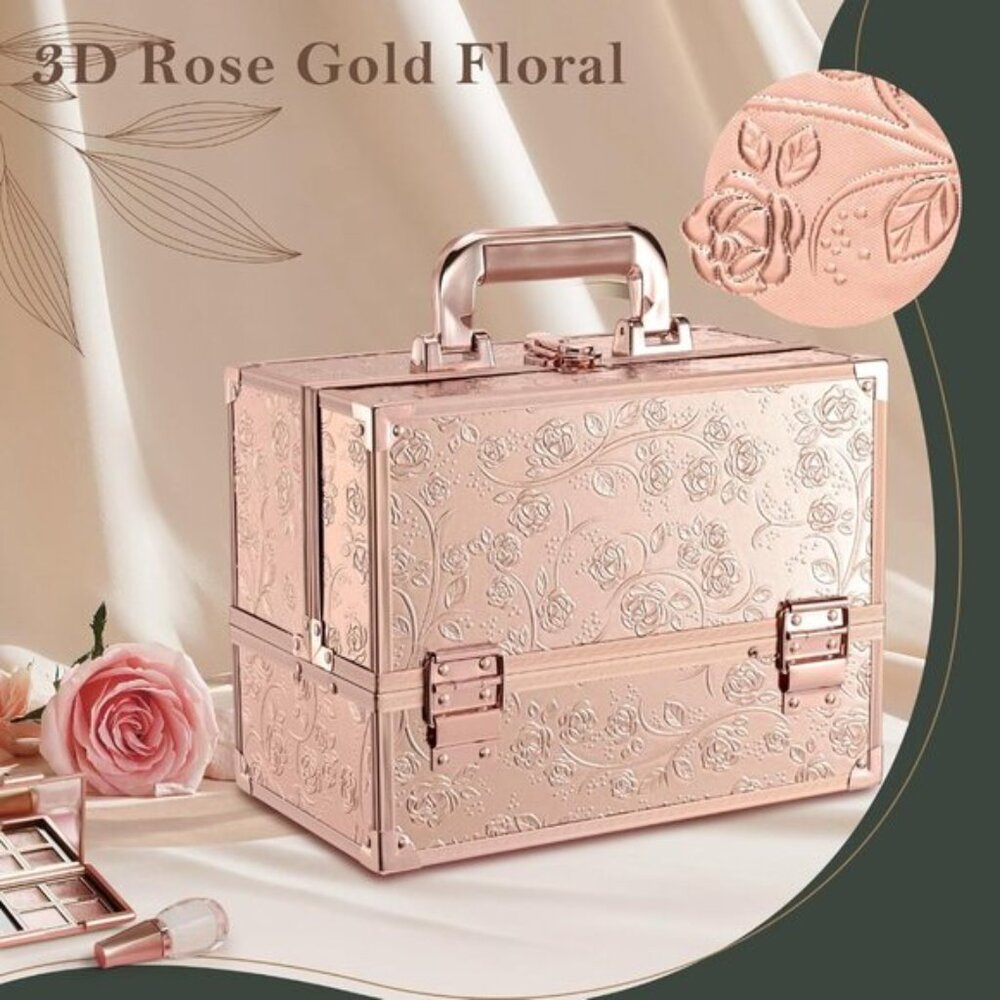 New 11.8In Rose Gold Makeup Case with Mirror, Portable Cosmetic Organizer Box - Picture 9 of 9